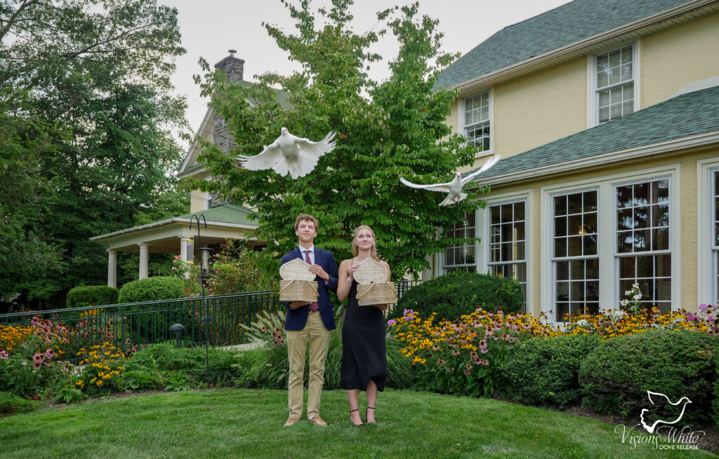 Two white doves released in Havertown, PA at a memorial service.